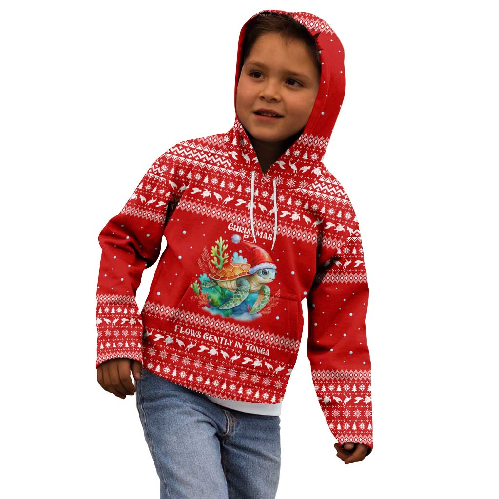 Tonga Christmas Kid Hoodie with Sea Turtle Coral Reef Design Snowflake Pattern and National Emblem - Polynesian Pride