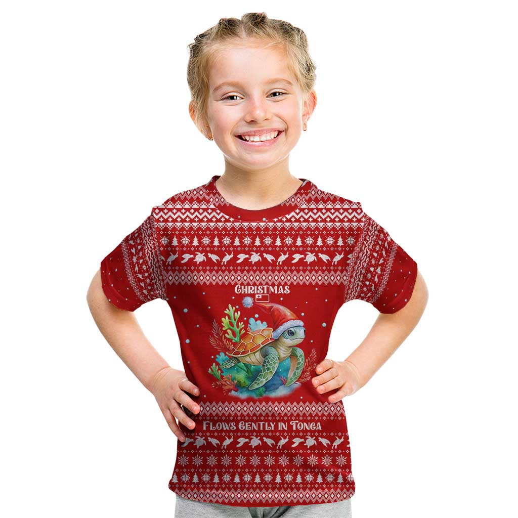 Tonga Christmas Kid T Shirt with Sea Turtle Coral Reef Design Snowflake Pattern and National Emblem - Polynesian Pride