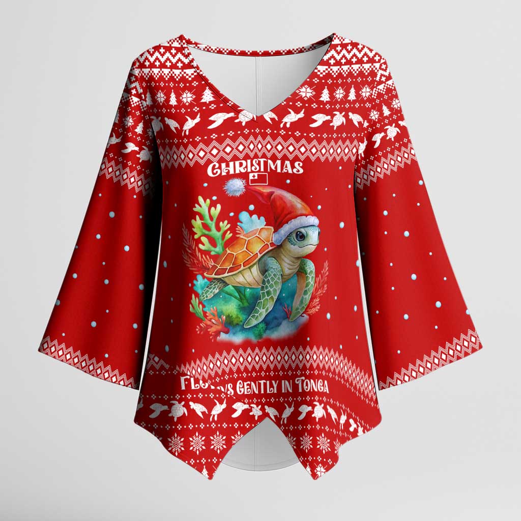 Tonga Christmas Kimono Sleeve Blouse with Sea Turtle Coral Reef Design Snowflake Pattern and National Emblem - Polynesian Pride