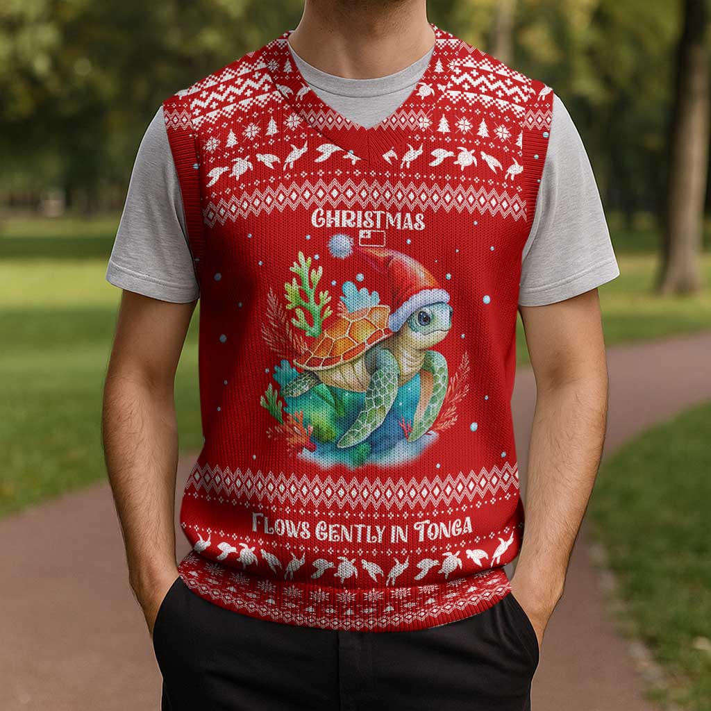 Tonga Christmas Knitted V-Neck Vest with Sea Turtle Coral Reef Design Snowflake Pattern and National Emblem - Polynesian Pride