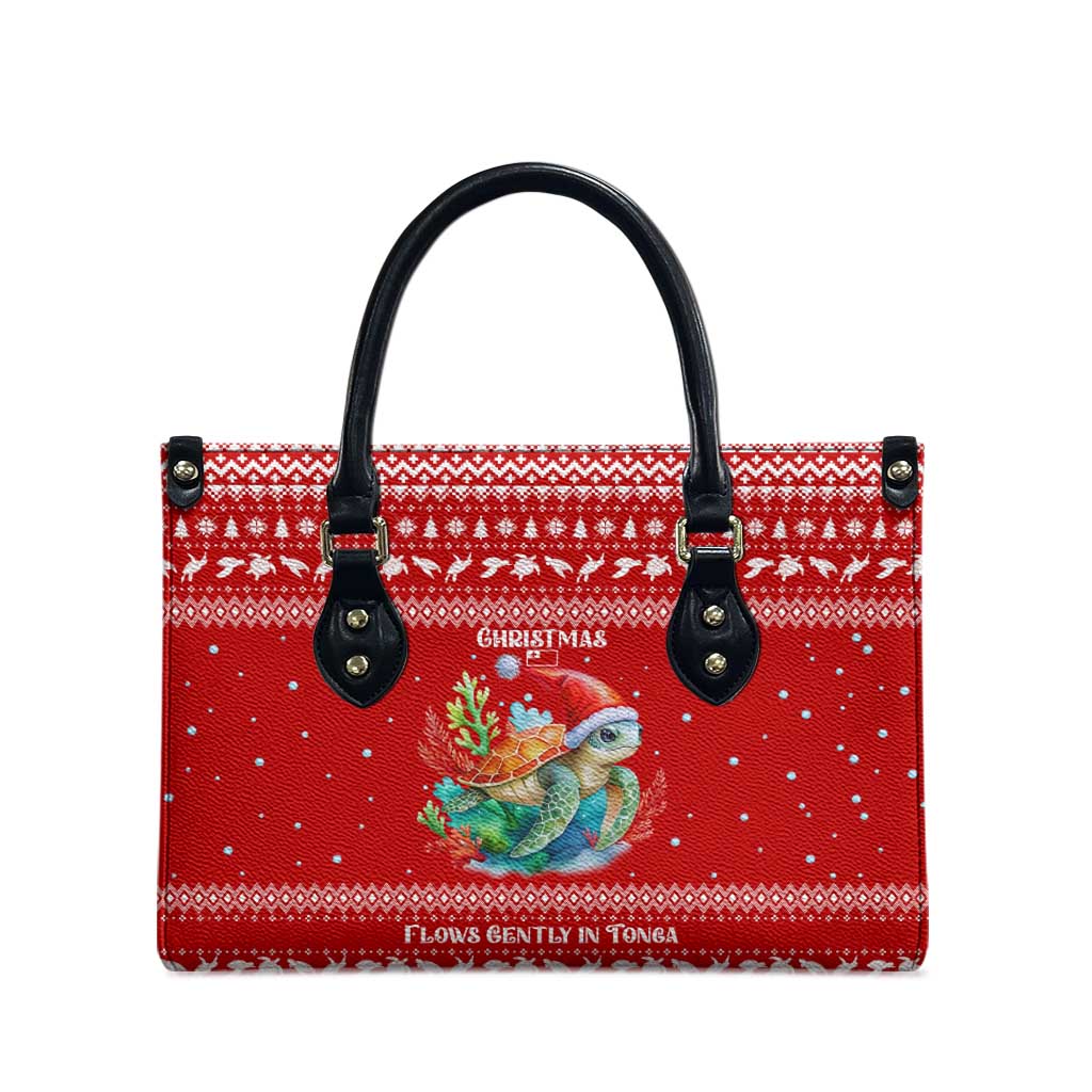 Tonga Christmas Leather Bag with Sea Turtle Coral Reef Design Snowflake Pattern and National Emblem - Polynesian Pride