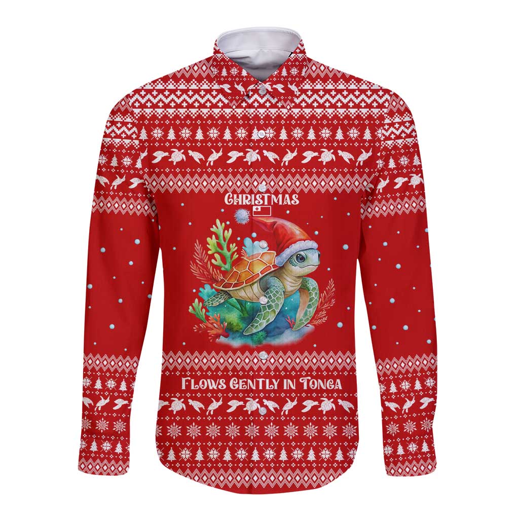 Tonga Christmas Long Sleeve Button Shirt with Sea Turtle Coral Reef Design Snowflake Pattern and National Emblem - Polynesian Pride