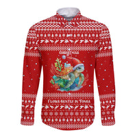 Tonga Christmas Long Sleeve Button Shirt with Sea Turtle Coral Reef Design Snowflake Pattern and National Emblem - Polynesian Pride
