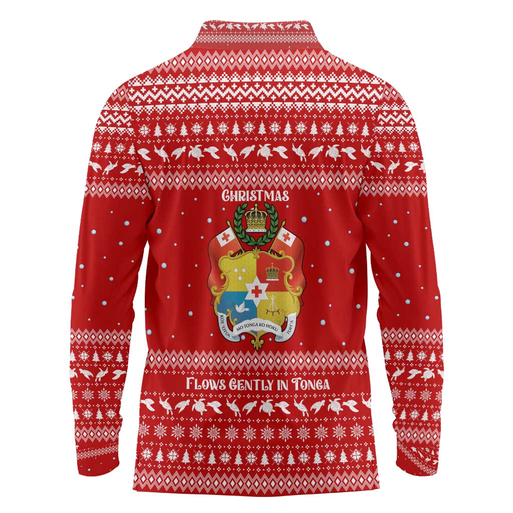 Tonga Christmas Long Sleeve Polo Shirt with Sea Turtle Coral Reef Design Snowflake Pattern and National Emblem - Polynesian Pride