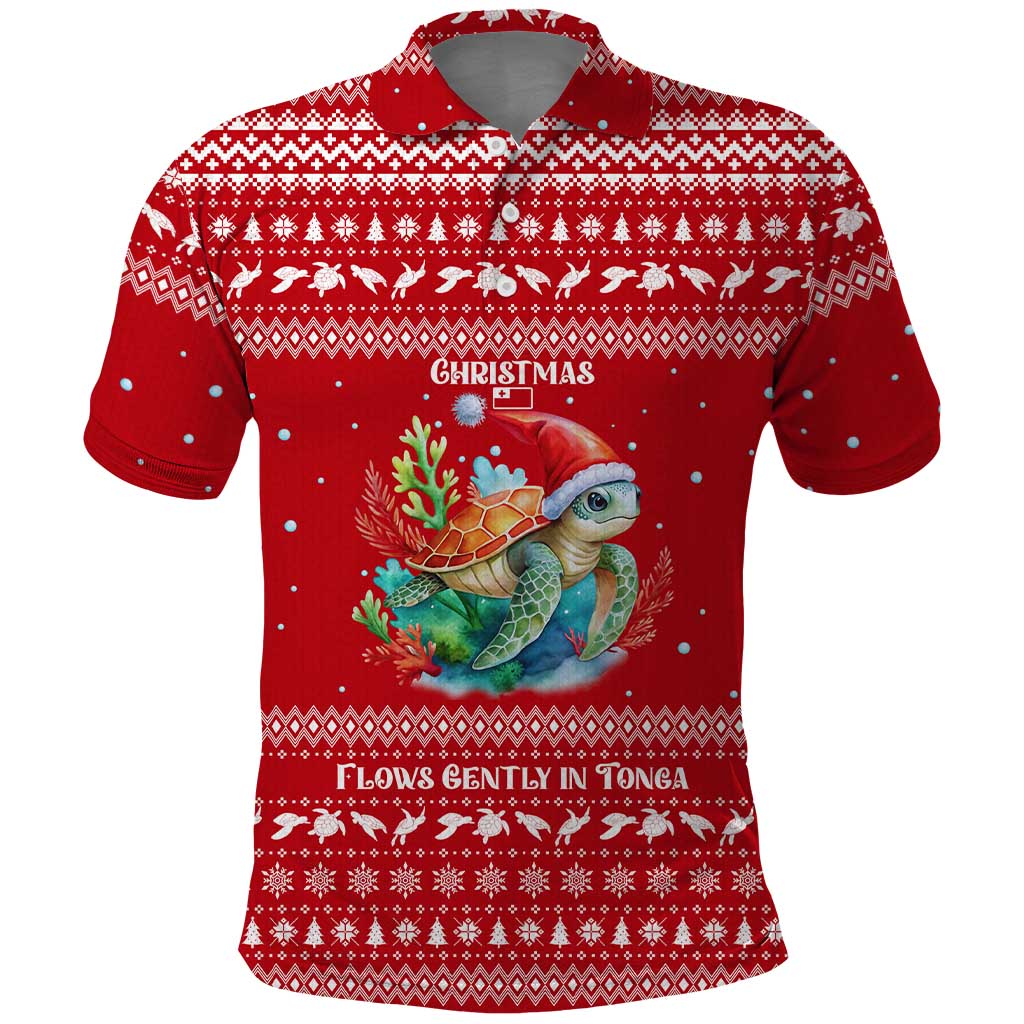 Tonga Christmas Polo Shirt with Sea Turtle Coral Reef Design Snowflake Pattern and National Emblem - Polynesian Pride