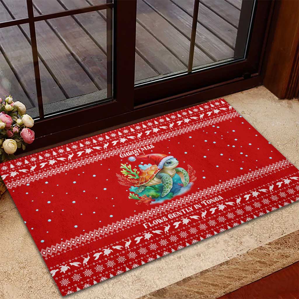 Tonga Christmas Rubber Doormat with Sea Turtle Coral Reef Design Snowflake Pattern and National Emblem - Polynesian Pride