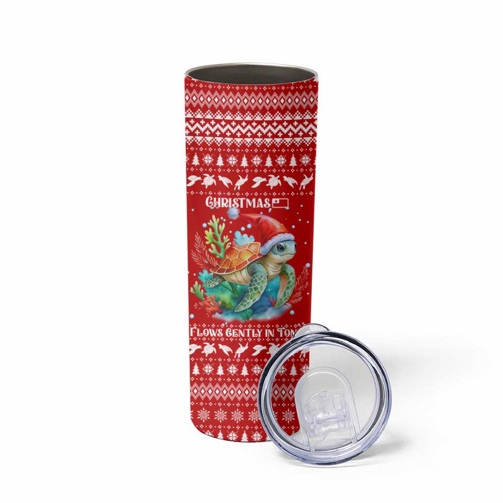 Tonga Christmas Skinny Tumbler with Sea Turtle Coral Reef Design Snowflake Pattern and National Emblem - Polynesian Pride