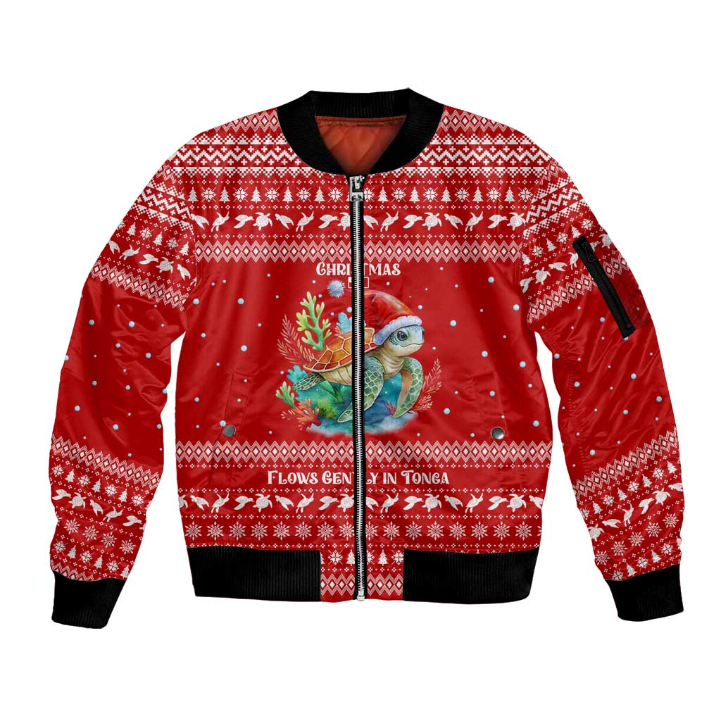 Tonga Christmas Sleeve Zip Bomber Jacket with Sea Turtle Coral Reef Design Snowflake Pattern and National Emblem - Polynesian Pride