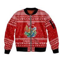 Tonga Christmas Sleeve Zip Bomber Jacket with Sea Turtle Coral Reef Design Snowflake Pattern and National Emblem - Polynesian Pride