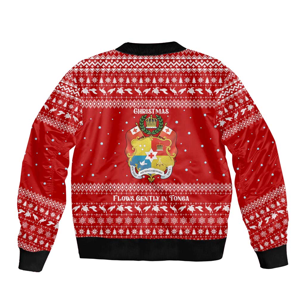 Tonga Christmas Sleeve Zip Bomber Jacket with Sea Turtle Coral Reef Design Snowflake Pattern and National Emblem - Polynesian Pride