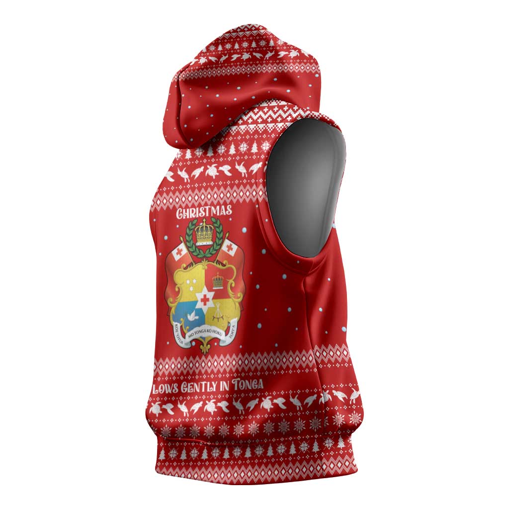 Tonga Christmas Sleeveless Hoodie with Sea Turtle Coral Reef Design Snowflake Pattern and National Emblem - Polynesian Pride