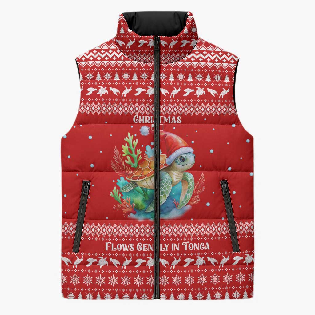 Tonga Christmas Sleeveless Puffer Jacket with Sea Turtle Coral Reef Design Snowflake Pattern and National Emblem - Polynesian Pride