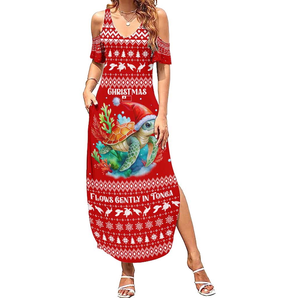 Tonga Christmas Summer Maxi Dress with Sea Turtle Coral Reef Design Snowflake Pattern and National Emblem - Polynesian Pride
