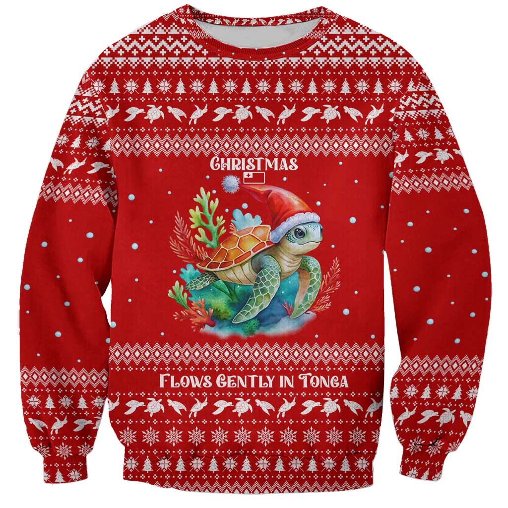Tonga Christmas Sweatshirt with Sea Turtle Coral Reef Design Snowflake Pattern and National Emblem - Polynesian Pride