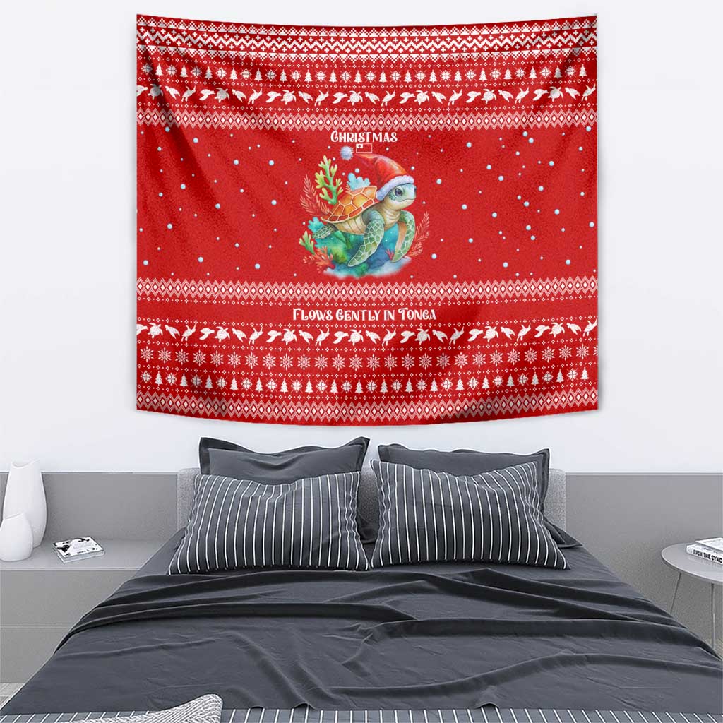 Tonga Christmas Tapestry with Sea Turtle Coral Reef Design Snowflake Pattern and National Emblem - Polynesian Pride