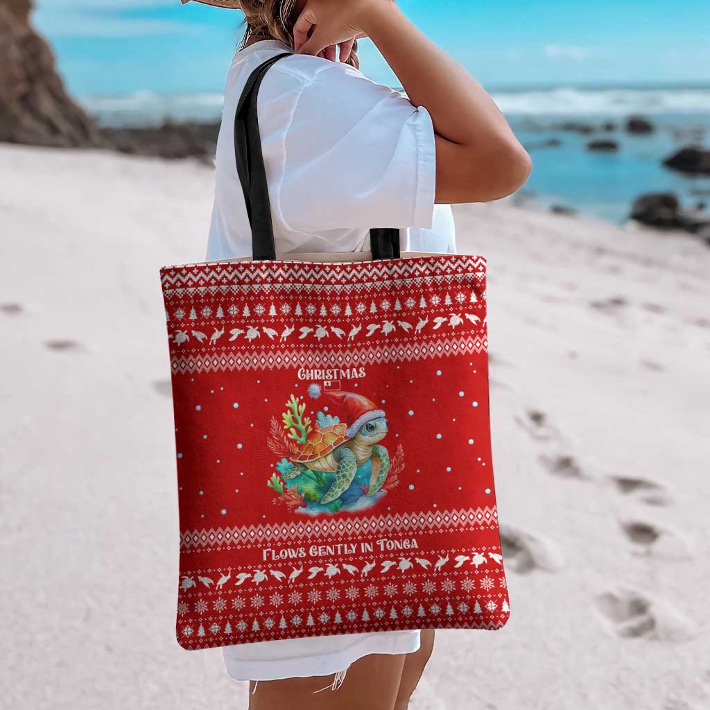 Tonga Christmas Tote Bag with Sea Turtle Coral Reef Design Snowflake Pattern and National Emblem - Polynesian Pride