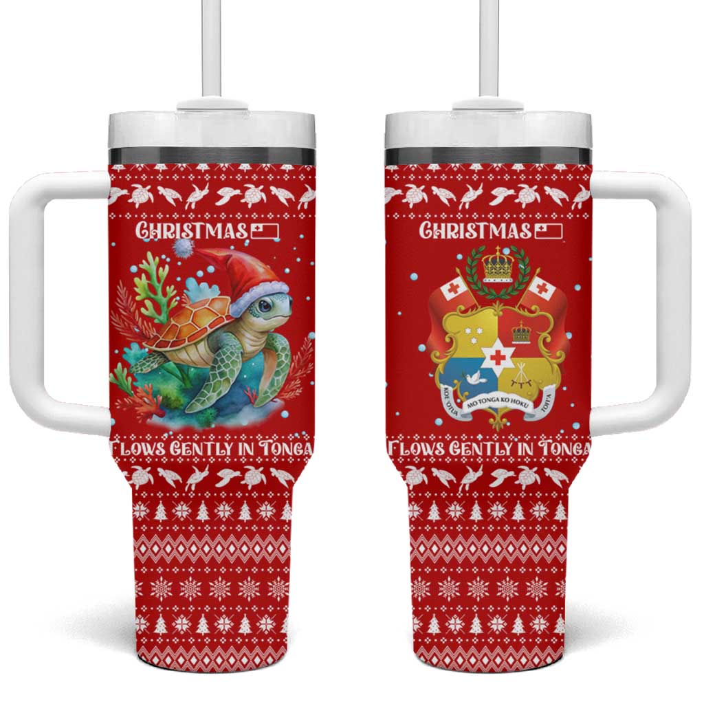 Tonga Christmas Tumbler With Handle with Sea Turtle Coral Reef Design Snowflake Pattern and National Emblem - Polynesian Pride