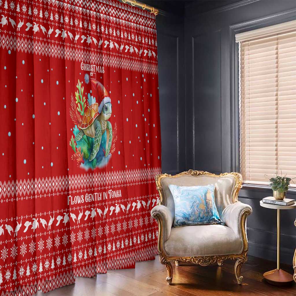Tonga Christmas Window Curtain with Sea Turtle Coral Reef Design Snowflake Pattern and National Emblem - Polynesian Pride
