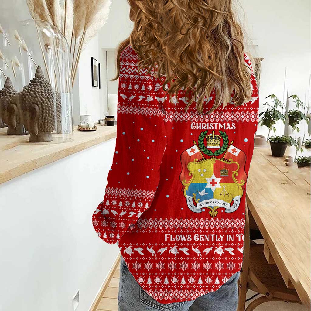 Tonga Christmas Women Casual Shirt with Sea Turtle Coral Reef Design Snowflake Pattern and National Emblem - Polynesian Pride