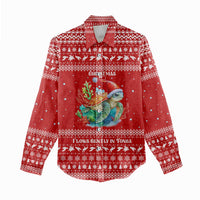 Tonga Christmas Women Casual Shirt with Sea Turtle Coral Reef Design Snowflake Pattern and National Emblem - Polynesian Pride