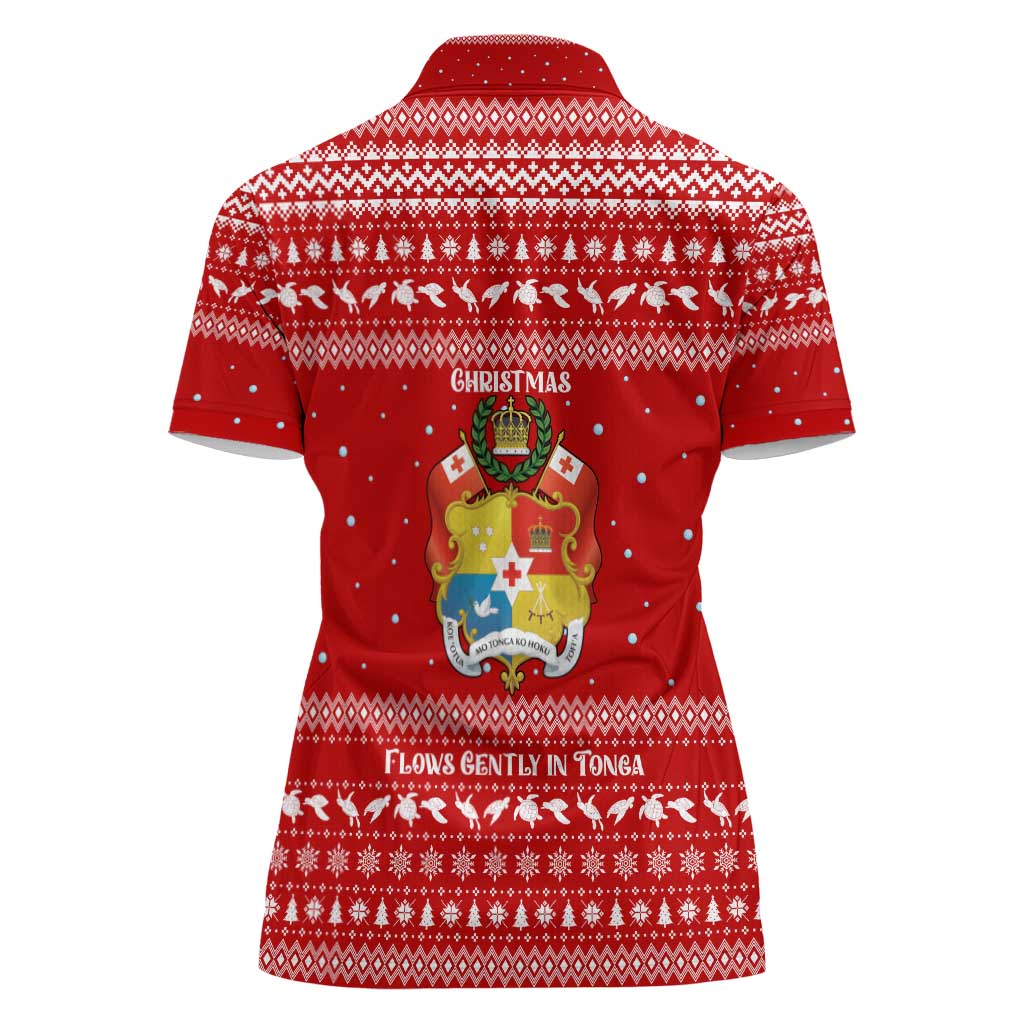 Tonga Christmas Women Polo Shirt with Sea Turtle Coral Reef Design Snowflake Pattern and National Emblem - Polynesian Pride