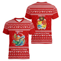 Tonga Christmas Women V-Neck T-Shirt with Sea Turtle Coral Reef Design Snowflake Pattern and National Emblem - Polynesian Pride