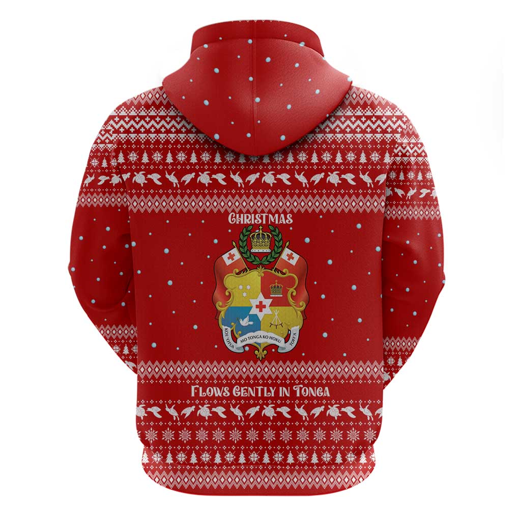 Tonga Christmas Zip Hoodie with Sea Turtle Coral Reef Design Snowflake Pattern and National Emblem - Polynesian Pride