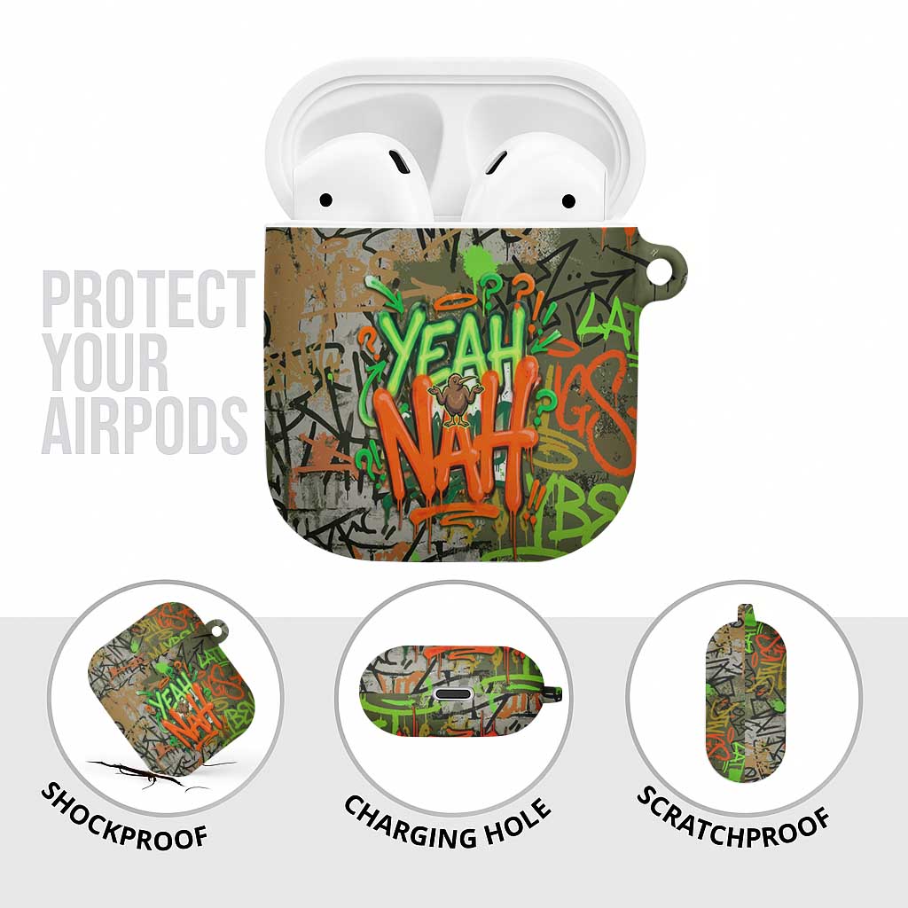 Yeah Nah Graffiti Skull New Zealand Slang AirPods Case Kiwi Grunge Brick Wall and Bold Urban Street Art