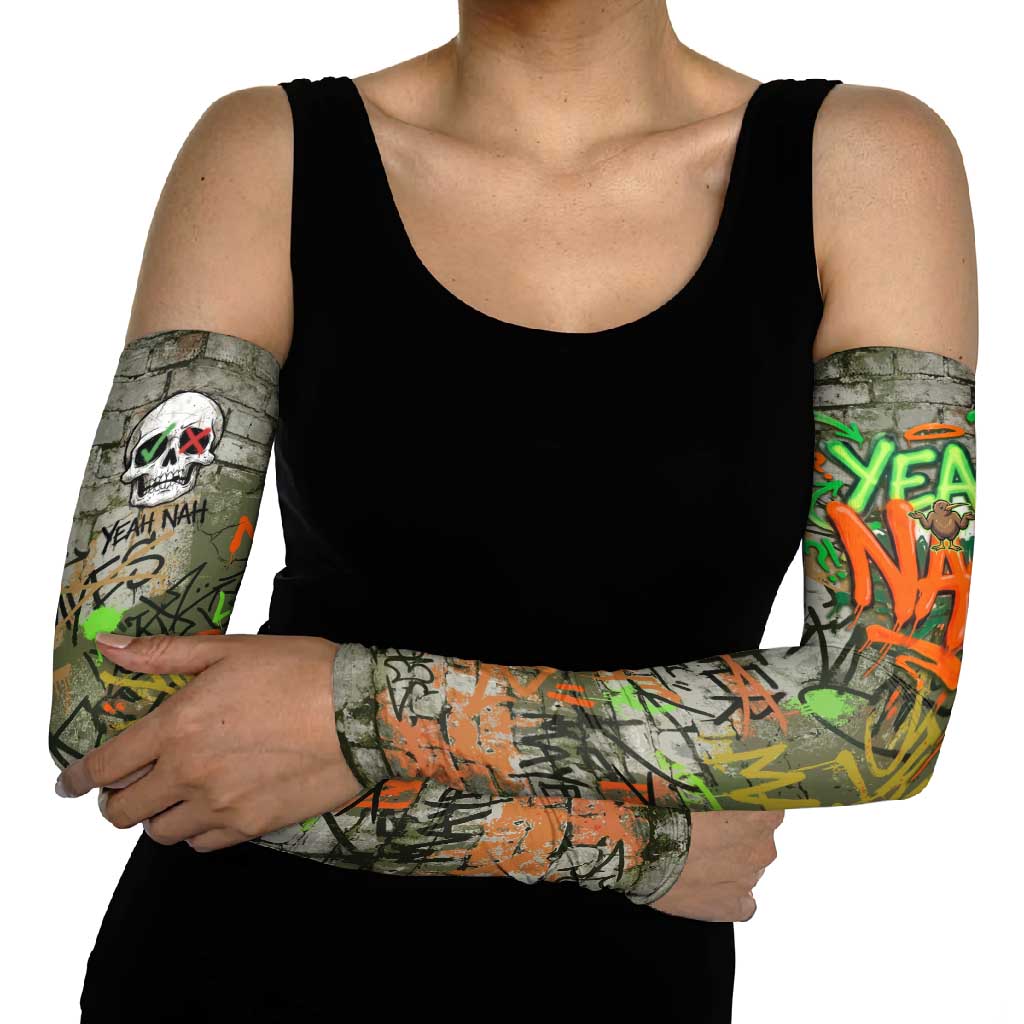 Yeah Nah Graffiti Skull New Zealand Slang Arm Sleeves Kiwi Grunge Brick Wall and Bold Urban Street Art