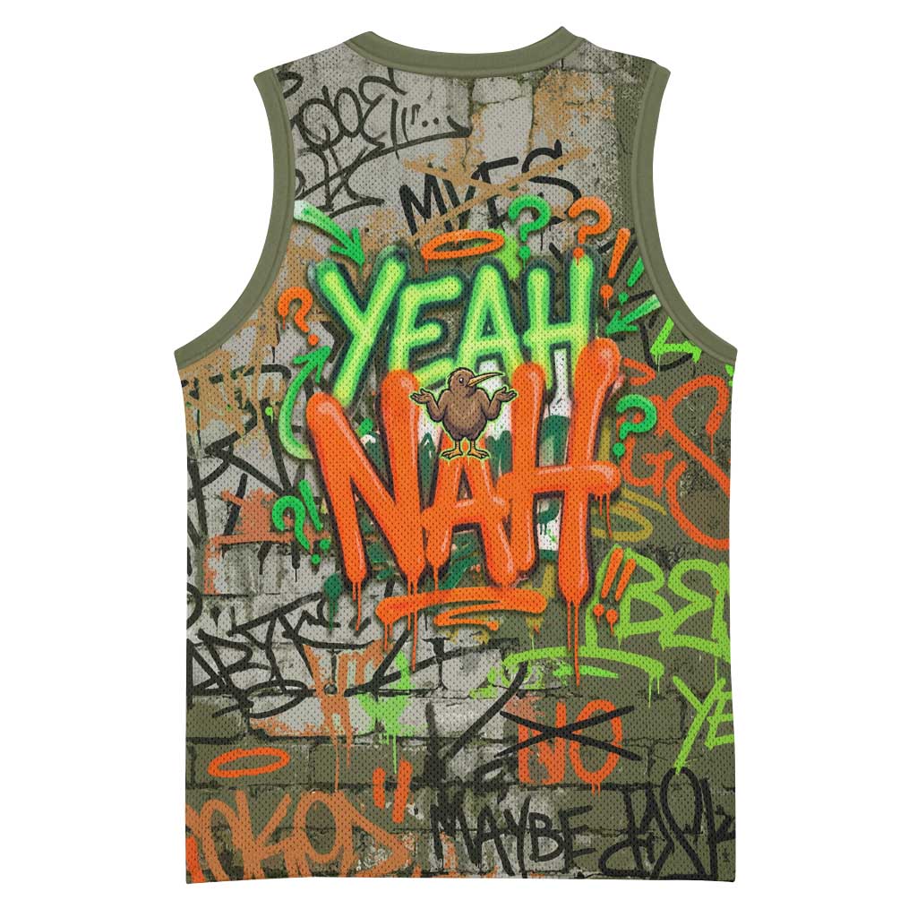 Yeah Nah Graffiti Skull New Zealand Slang Basketball Jersey Kiwi Grunge Brick Wall and Bold Urban Street Art