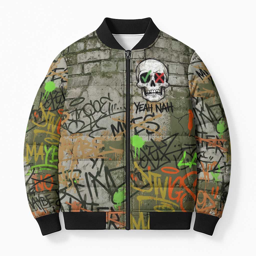 Yeah Nah Graffiti Skull New Zealand Slang Bomber Puffer Jacket Kiwi Grunge Brick Wall and Bold Urban Street Art TS04 Unisex Multicolor - Polynesian Pride