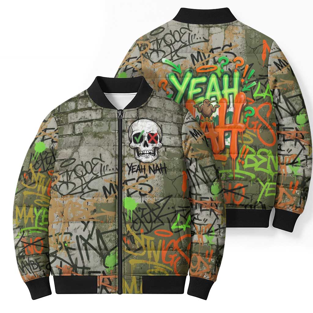 Yeah Nah Graffiti Skull New Zealand Slang Bomber Puffer Jacket Kiwi Grunge Brick Wall and Bold Urban Street Art