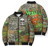 Yeah Nah Graffiti Skull New Zealand Slang Bomber Puffer Jacket Kiwi Grunge Brick Wall and Bold Urban Street Art