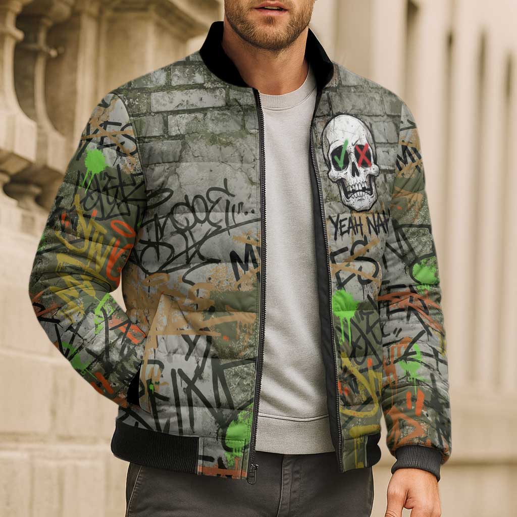 Yeah Nah Graffiti Skull New Zealand Slang Bomber Puffer Jacket Kiwi Grunge Brick Wall and Bold Urban Street Art