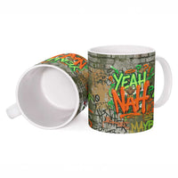 Yeah Nah Graffiti Skull New Zealand Slang Ceramic Mug Kiwi Grunge Brick Wall and Bold Urban Street Art