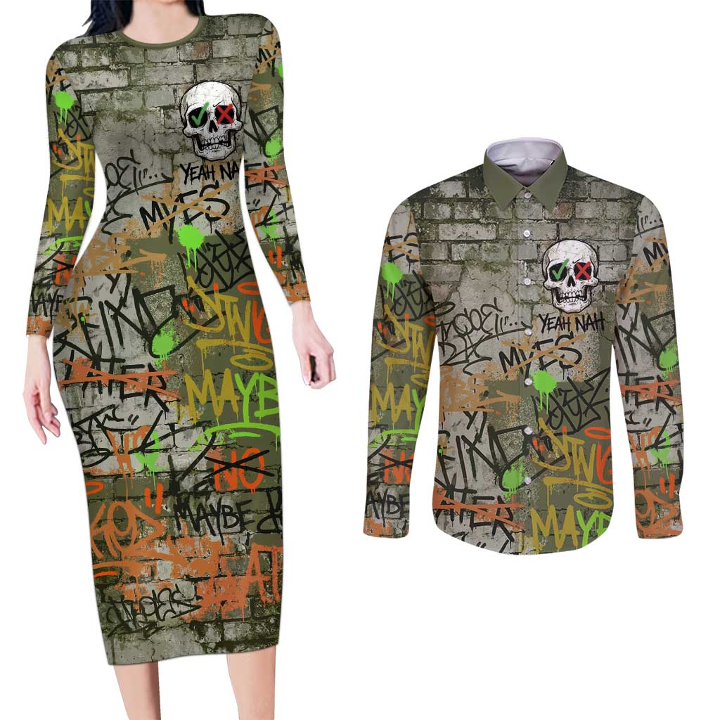 Yeah Nah Graffiti Skull New Zealand Slang Couples Matching Long Sleeve Bodycon Dress and Long Sleeve Button Shirt Kiwi Grunge Brick Wall and Bold Urban Street Art TS04 Multicolor - Polynesian Pride