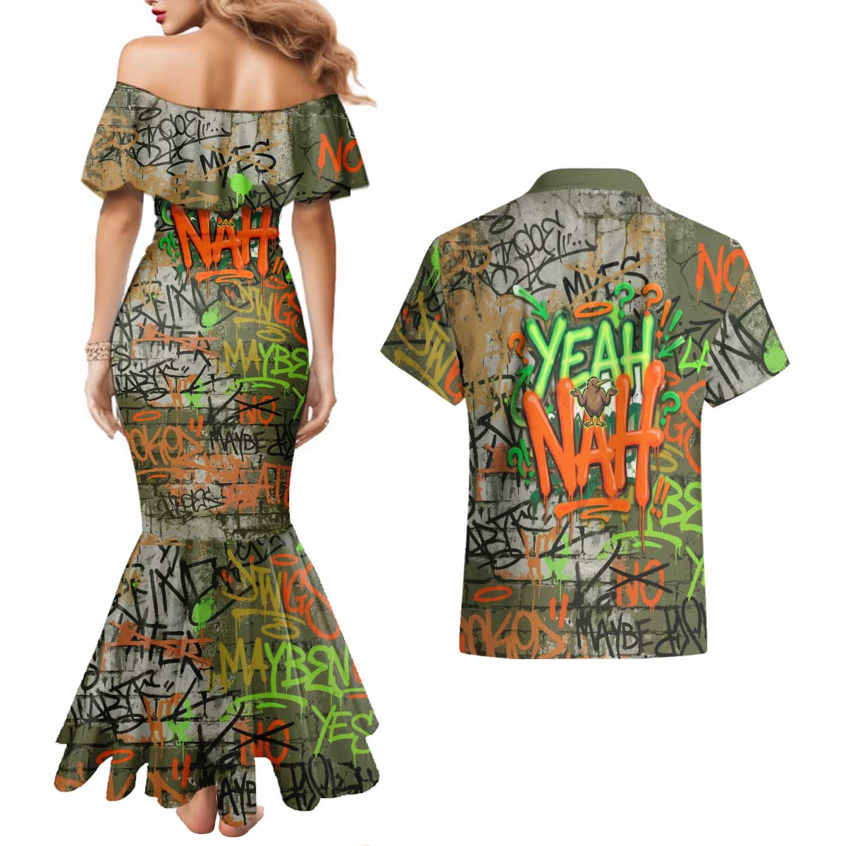 Yeah Nah Graffiti Skull New Zealand Slang Couples Matching Mermaid Dress and Hawaiian Shirt Kiwi Grunge Brick Wall and Bold Urban Street Art