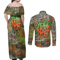 Yeah Nah Graffiti Skull New Zealand Slang Couples Matching Off Shoulder Maxi Dress and Long Sleeve Button Shirt Kiwi Grunge Brick Wall and Bold Urban Street Art