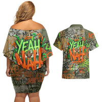 Yeah Nah Graffiti Skull New Zealand Slang Couples Matching Off Shoulder Short Dress and Hawaiian Shirt Kiwi Grunge Brick Wall and Bold Urban Street Art