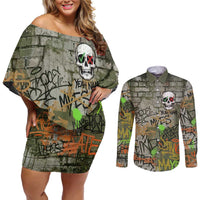 Yeah Nah Graffiti Skull New Zealand Slang Couples Matching Off Shoulder Short Dress and Long Sleeve Button Shirt Kiwi Grunge Brick Wall and Bold Urban Street Art