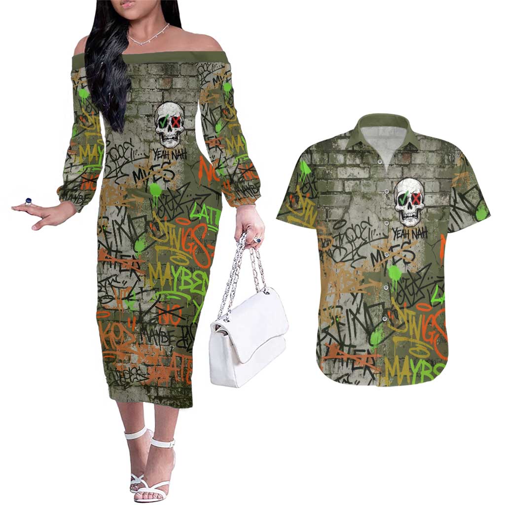 Yeah Nah Graffiti Skull New Zealand Slang Couples Matching Off The Shoulder Long Sleeve Dress and Hawaiian Shirt Kiwi Grunge Brick Wall and Bold Urban Street Art