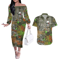 Yeah Nah Graffiti Skull New Zealand Slang Couples Matching Off The Shoulder Long Sleeve Dress and Hawaiian Shirt Kiwi Grunge Brick Wall and Bold Urban Street Art