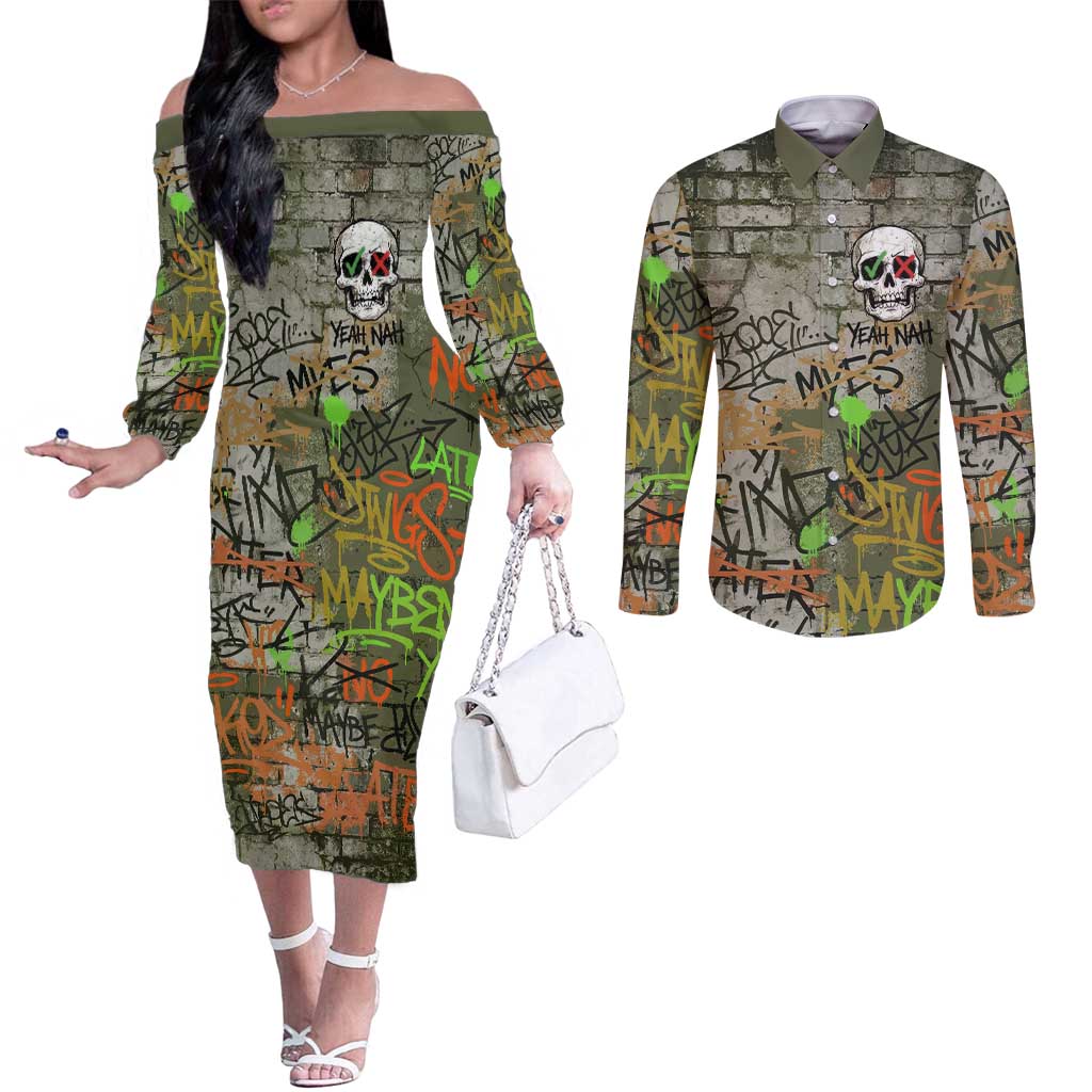 Yeah Nah Graffiti Skull New Zealand Slang Couples Matching Off The Shoulder Long Sleeve Dress and Long Sleeve Button Shirt Kiwi Grunge Brick Wall and Bold Urban Street Art TS04 Multicolor - Polynesian Pride