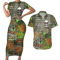 Yeah Nah Graffiti Skull New Zealand Slang Couples Matching Short Sleeve Bodycon Dress and Hawaiian Shirt Kiwi Grunge Brick Wall and Bold Urban Street Art