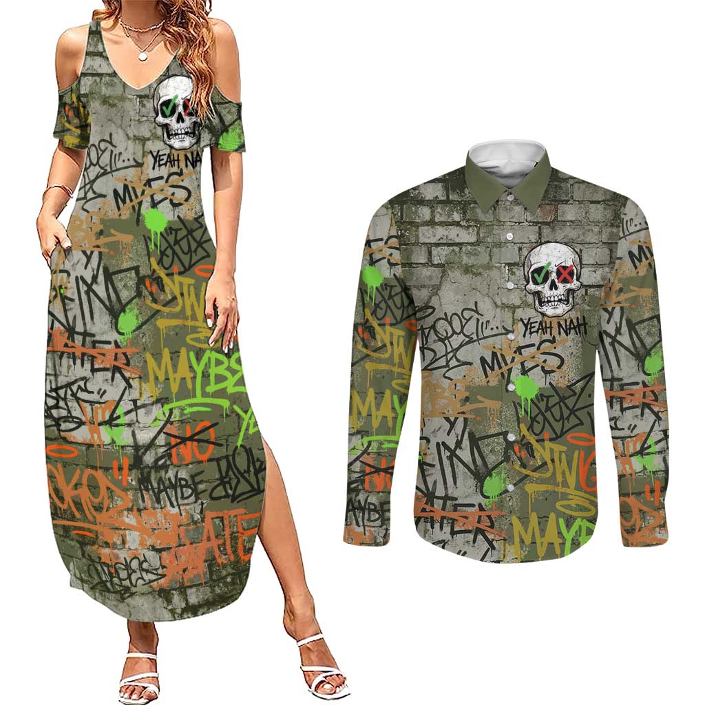 Yeah Nah Graffiti Skull New Zealand Slang Couples Matching Summer Maxi Dress and Long Sleeve Button Shirt Kiwi Grunge Brick Wall and Bold Urban Street Art TS04 Multicolor - Polynesian Pride