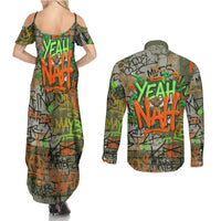 Yeah Nah Graffiti Skull New Zealand Slang Couples Matching Summer Maxi Dress and Long Sleeve Button Shirt Kiwi Grunge Brick Wall and Bold Urban Street Art