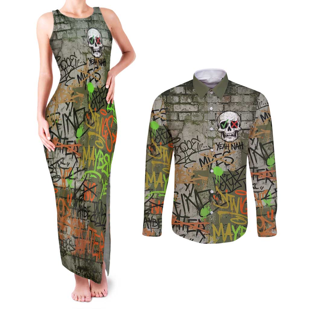 Yeah Nah Graffiti Skull New Zealand Slang Couples Matching Tank Maxi Dress and Long Sleeve Button Shirt Kiwi Grunge Brick Wall and Bold Urban Street Art