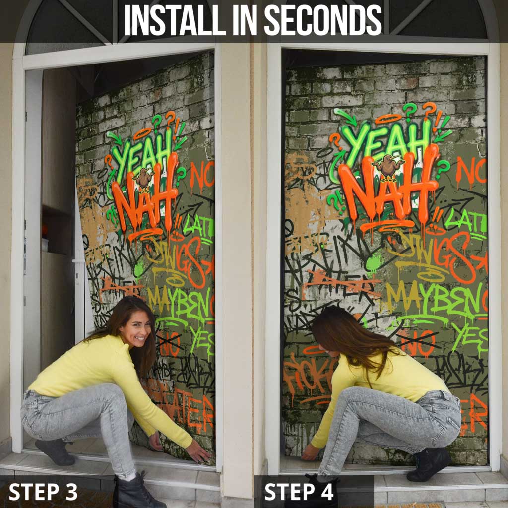 Yeah Nah Graffiti Skull New Zealand Slang Door Cover Kiwi Grunge Brick Wall and Bold Urban Street Art
