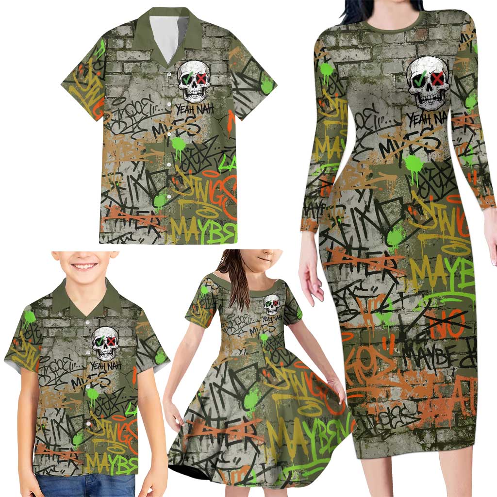 Yeah Nah Graffiti Skull New Zealand Slang Family Matching Long Sleeve Bodycon Dress and Hawaiian Shirt Kiwi Grunge Brick Wall and Bold Urban Street Art