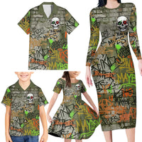 Yeah Nah Graffiti Skull New Zealand Slang Family Matching Long Sleeve Bodycon Dress and Hawaiian Shirt Kiwi Grunge Brick Wall and Bold Urban Street Art